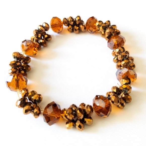 Amber Copper Tone Bead Bracelet Faceted Elastic Multi Color Boho Blingy Sparkly - Picture 2 of 2